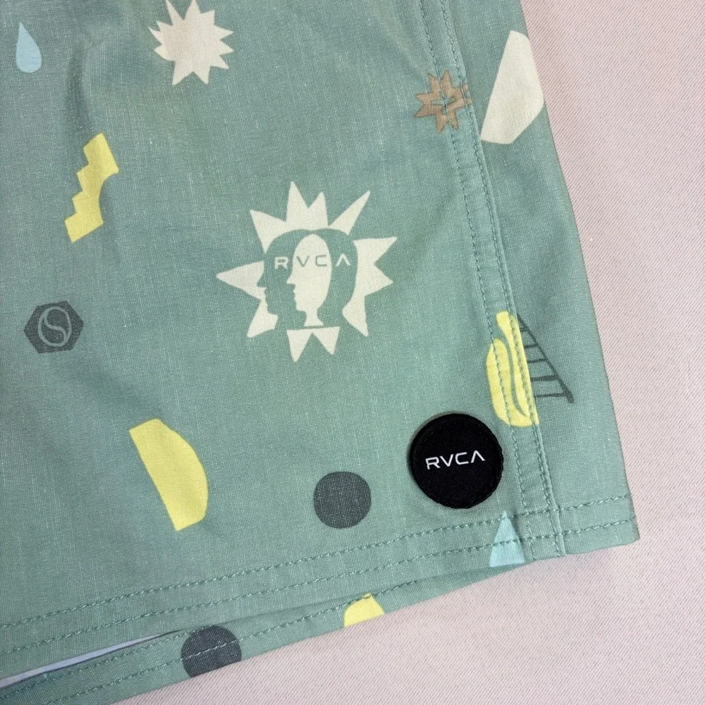 RVCA Board Shorts BOYS Large Green Abstract Print Hemp Blend Swim Trunks Surf